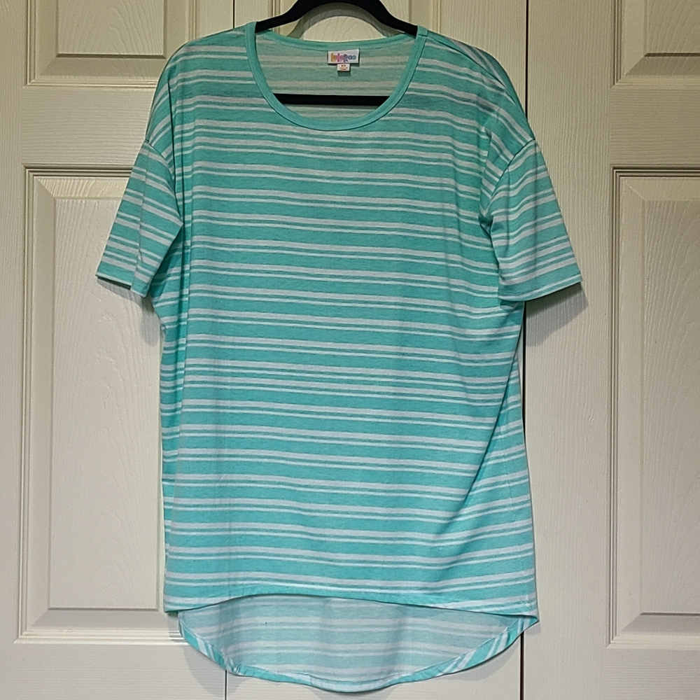 LuLaRoe Irma Aqua / Mint & White Stripe Tunic T Top XS Oversized Short Sleeves